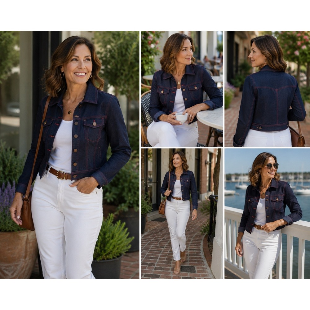 G.E.T. Linen‎ Jacket Women's M Navy Cropped Contrast Stitch Lightweight Blazer